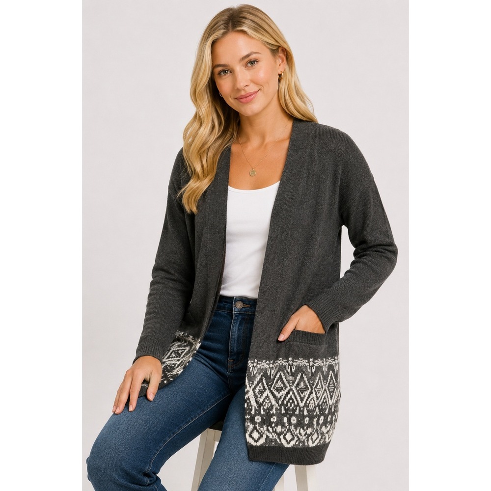 Old Navy Women Small Fair Isle Cardigan Sweater Gray Open Front Cotton Cozy Knit